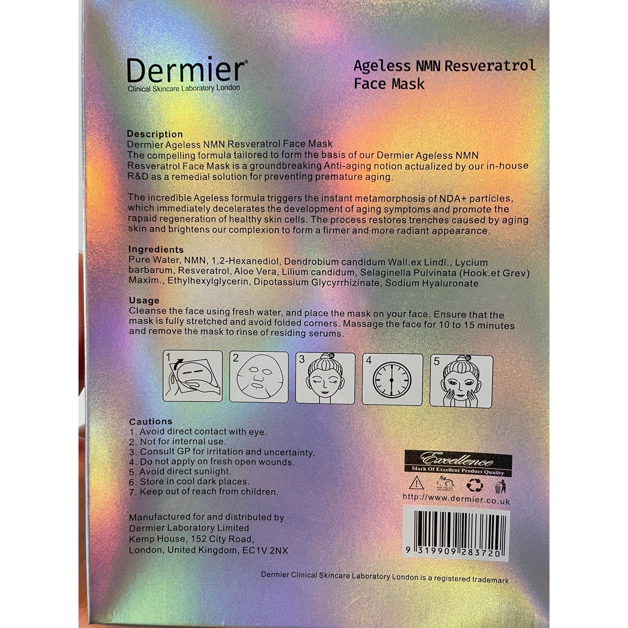 英國Dermier Ageless NMN Resveratrol Face Mask NMN白藜蘆醇抗衰老面膜(1盒6片）【全網現貨】‼️不設平郵‼️