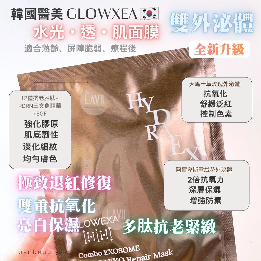 韓國醫美品牌⭐️全新升級⭐️Glowexa 雙外泌體水光·透·肌面膜（1盒5片）【全網香港現貨】
